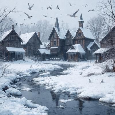 The primary subject of the image is a snow-covered village with a river flowing through it. The setting is a winter landscape, and the visual style appears to be a photo. The village is surrounded by a snowy environment, and the overall atmosphere is serene and peaceful.